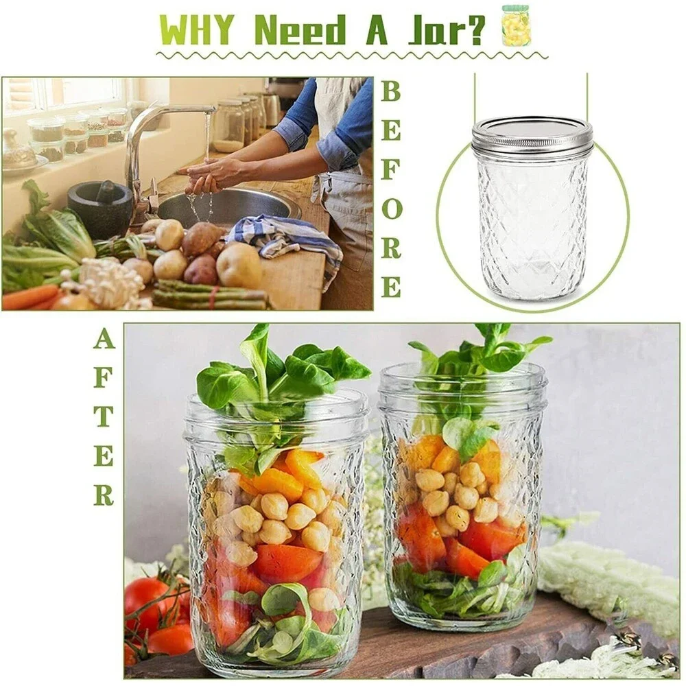 Set of 8 Mason Jars Set w/ Lids Quilted Crystal Jars, 16oz Glass Canning Jars